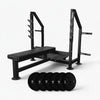 Flat weight bench with weight plates on a white background