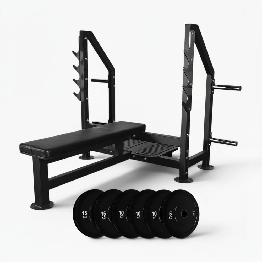Flat weight bench with weight plates on a white background