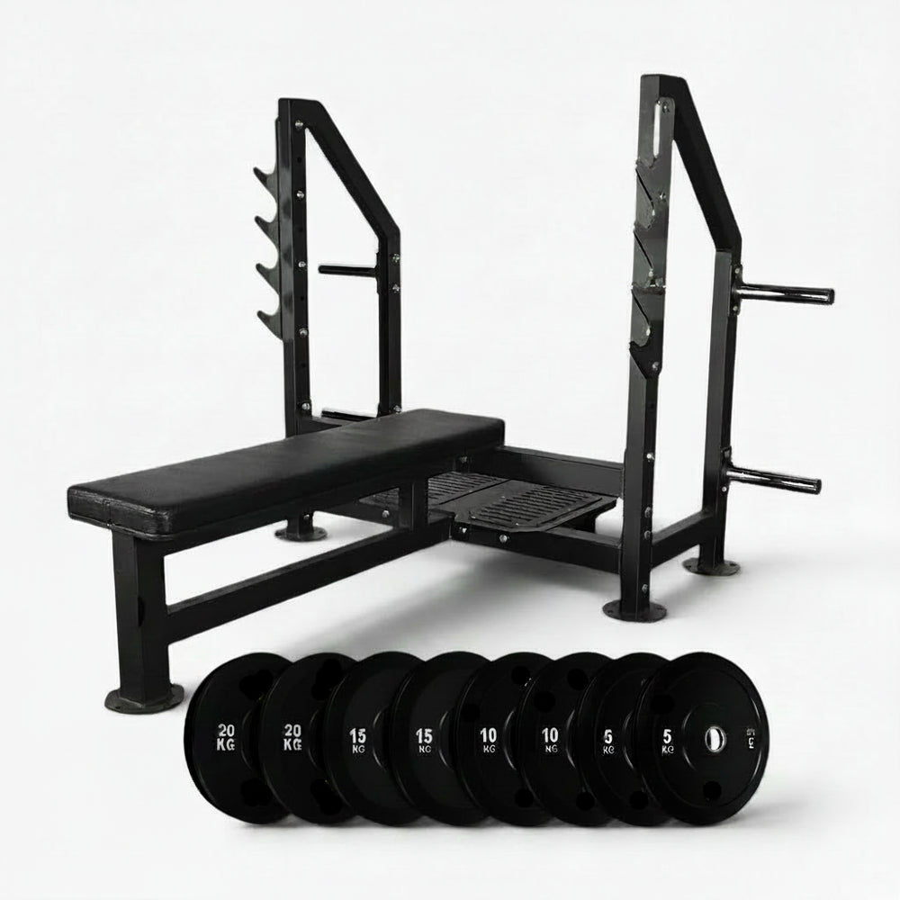 Black steel frame flat weight lifting bench with weight plates on a white background