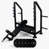 Black steel frame barbell rack with gymbench with weights on a white background