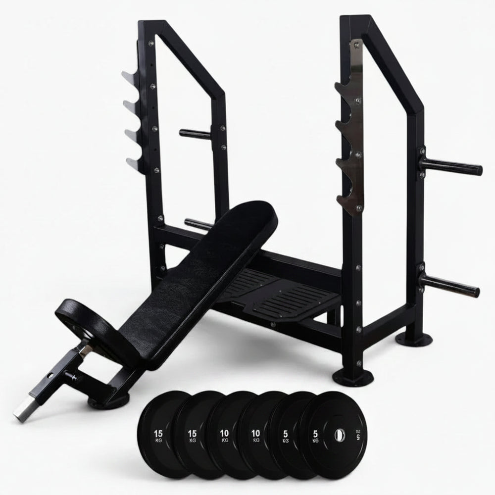 Black steel frame barbell rack with gymbench with weights on a white background