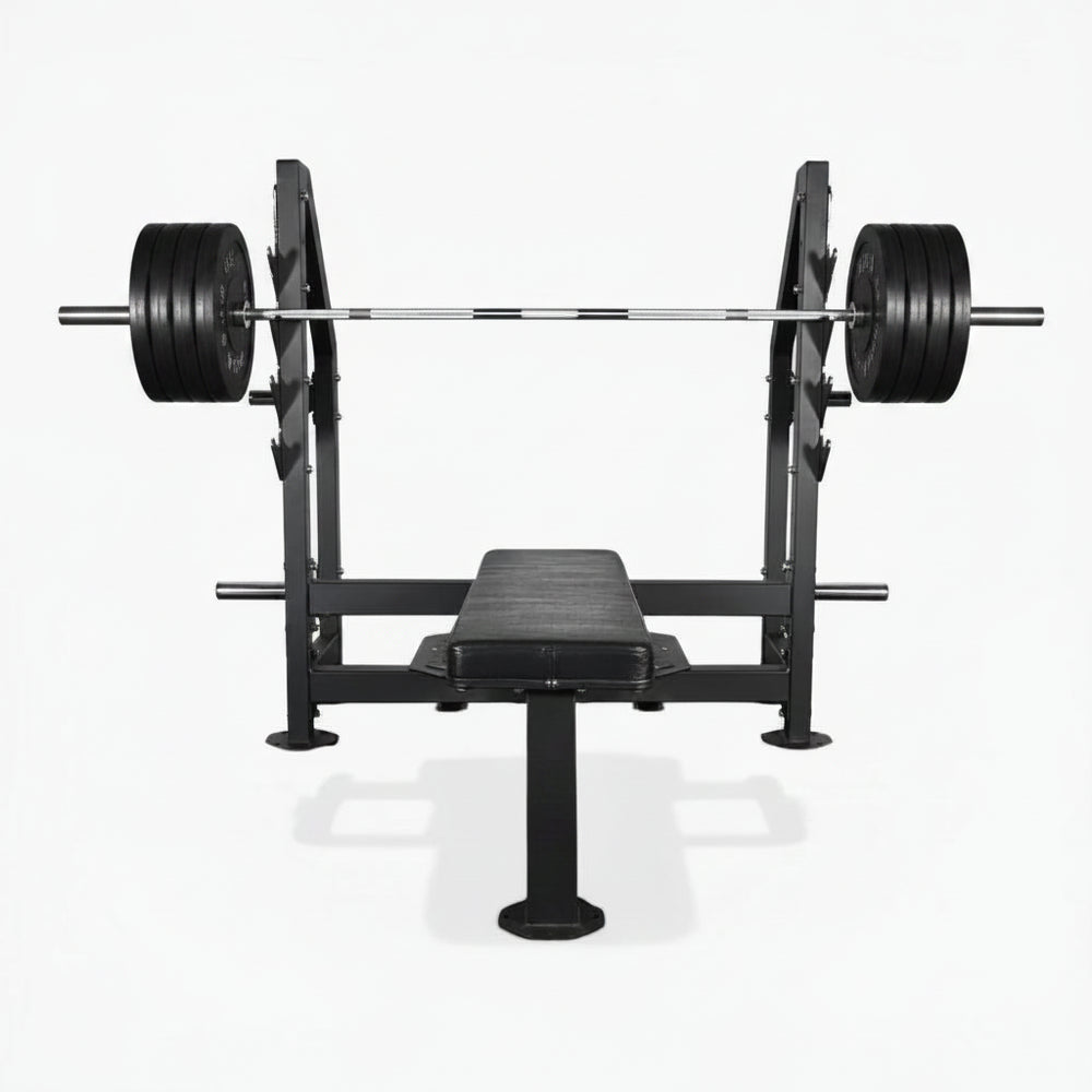 Gym flat weight bench with barbell on a white background