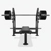 Gym flat weight bench with rack on a white background