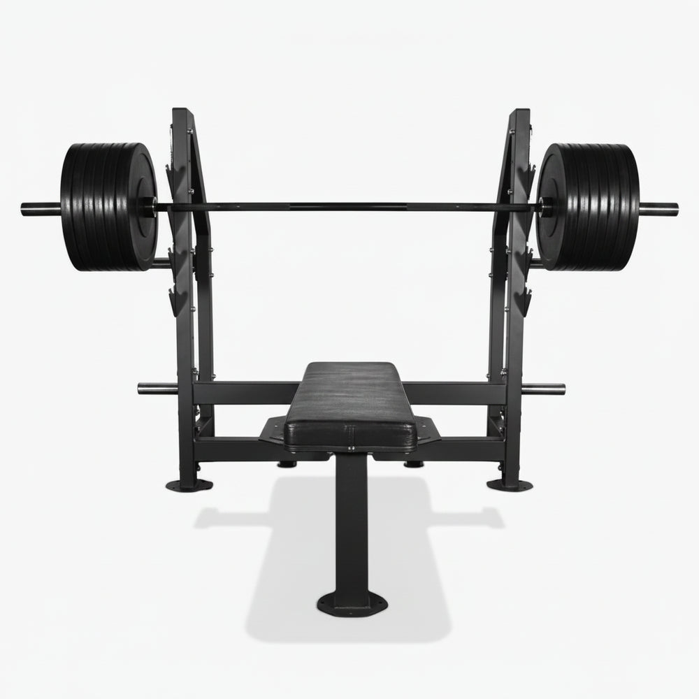 Gym flat weight bench with rack on a white background