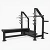Heavy Duty weight bench with adjustable level barbell height options on a white background