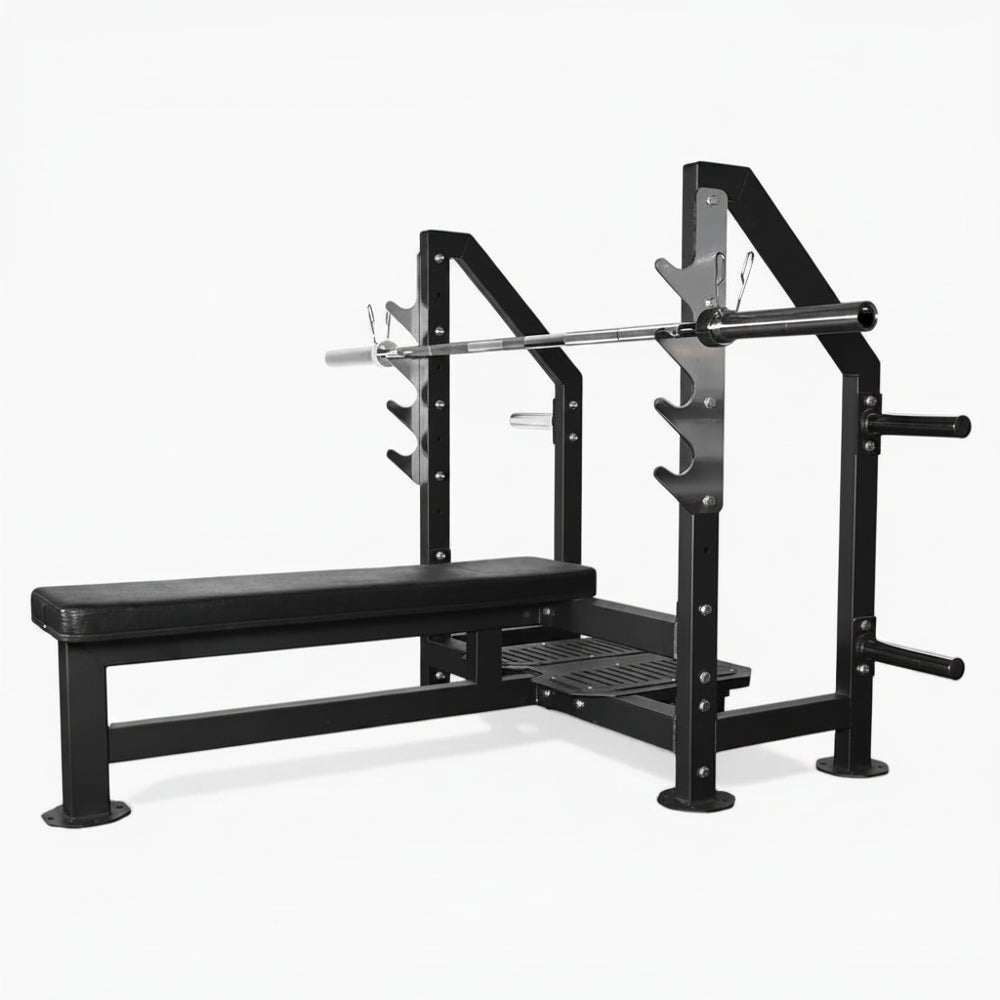 Heavy Duty weight bench with adjustable level barbell height options on a white background