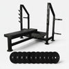 Heavy duty weight lifting bench with weights on a white background