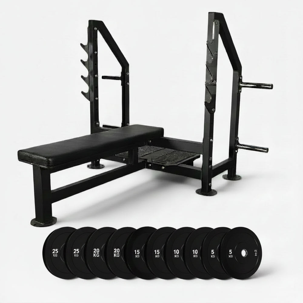 Heavy duty weight lifting bench with weights on a white background