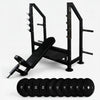 Gym weight lifting bench in slanted position against a barbell rack with weights on a white background
