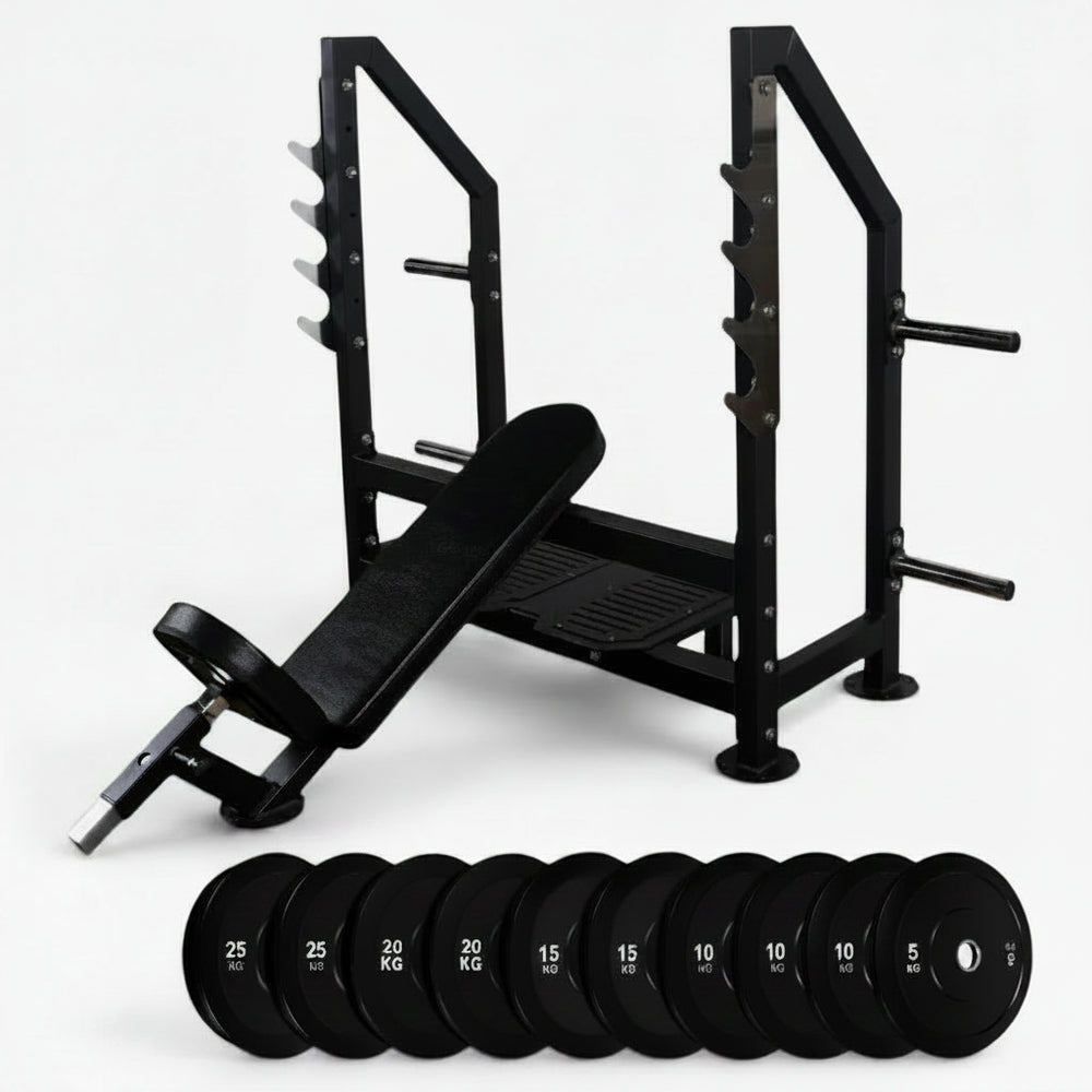 Gym weight lifting bench in slanted position against a barbell rack with weights on a white background