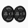 Barbell weight plates with silver embossed markings on a white background