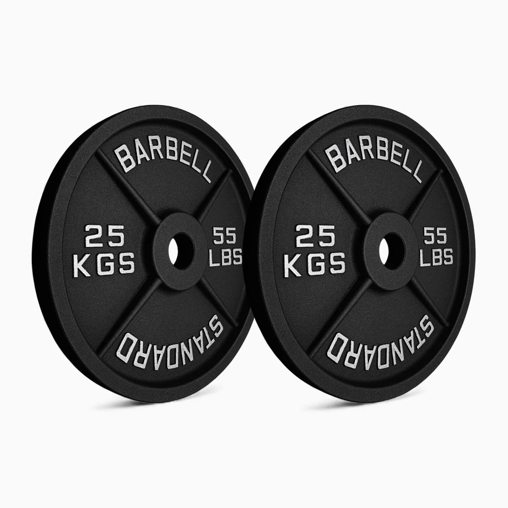 Barbell weight plates with silver embossed markings on a white background