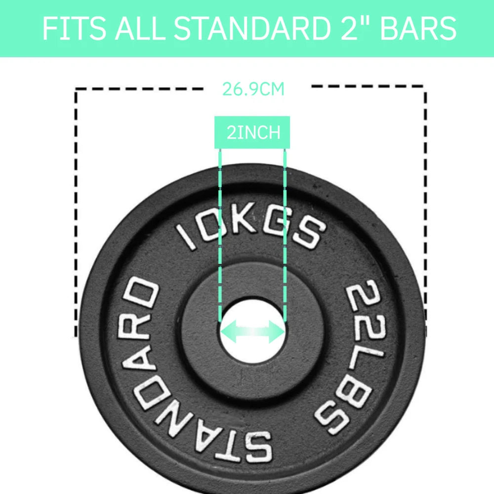 Labelled diagram of a 10kg barbell showing 2 inch centre hole