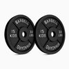 Set of 15kg gym weight plates on a white background
