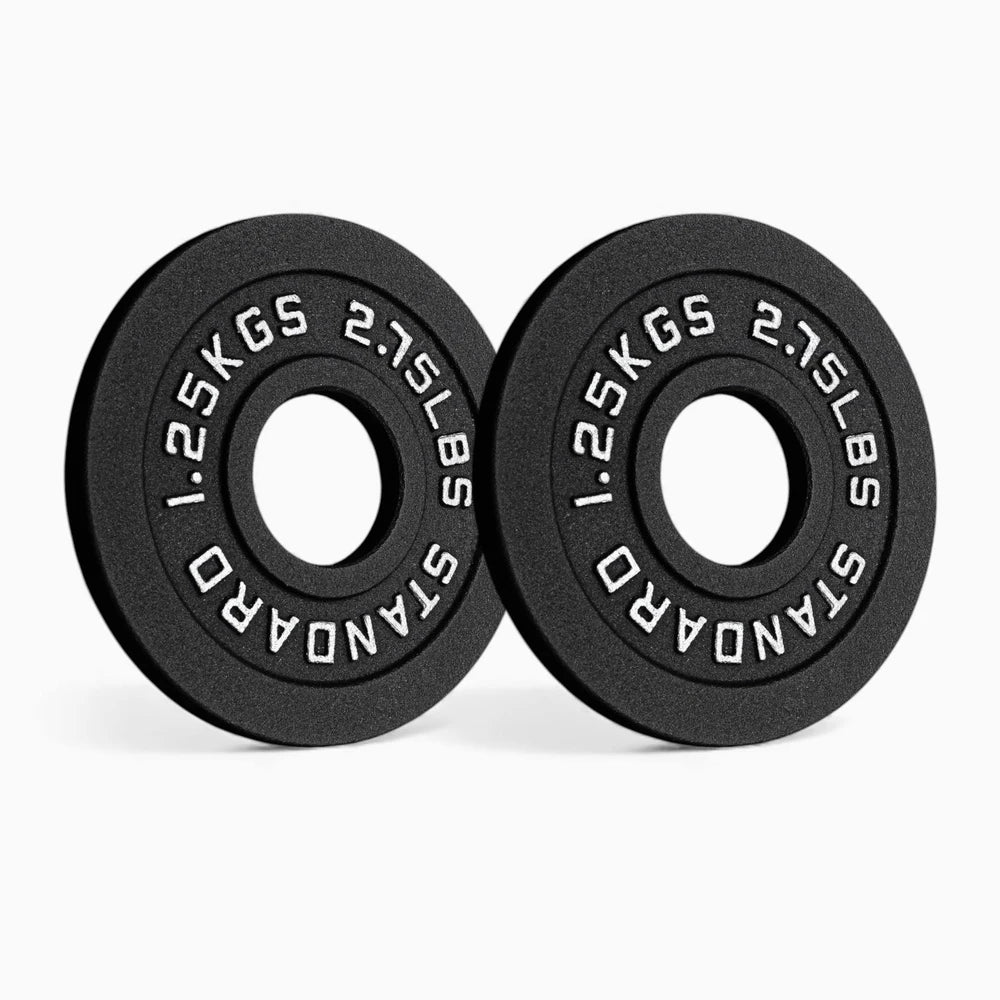 Two 1.25kg black weight plates on a white background