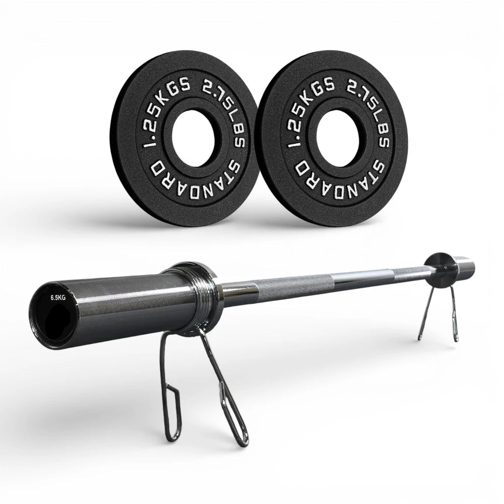 Two black weight plates and chrome barbell on a white background