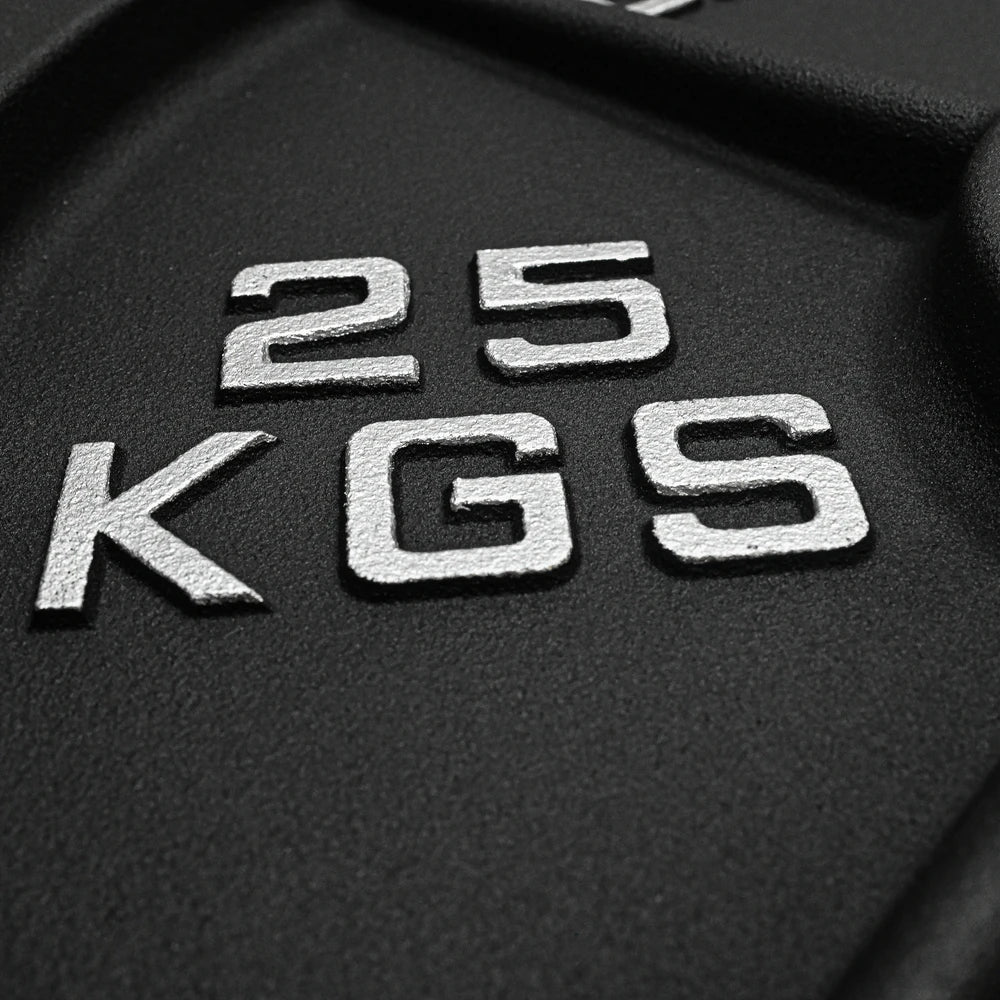 Close up of silver 25kgs embossed onto a black weight plate
