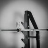 Wall-mounted barbell rack with a bar on a gray background