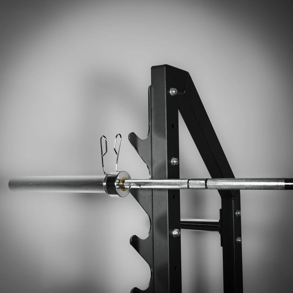 Wall-mounted barbell rack with a bar on a gray background
