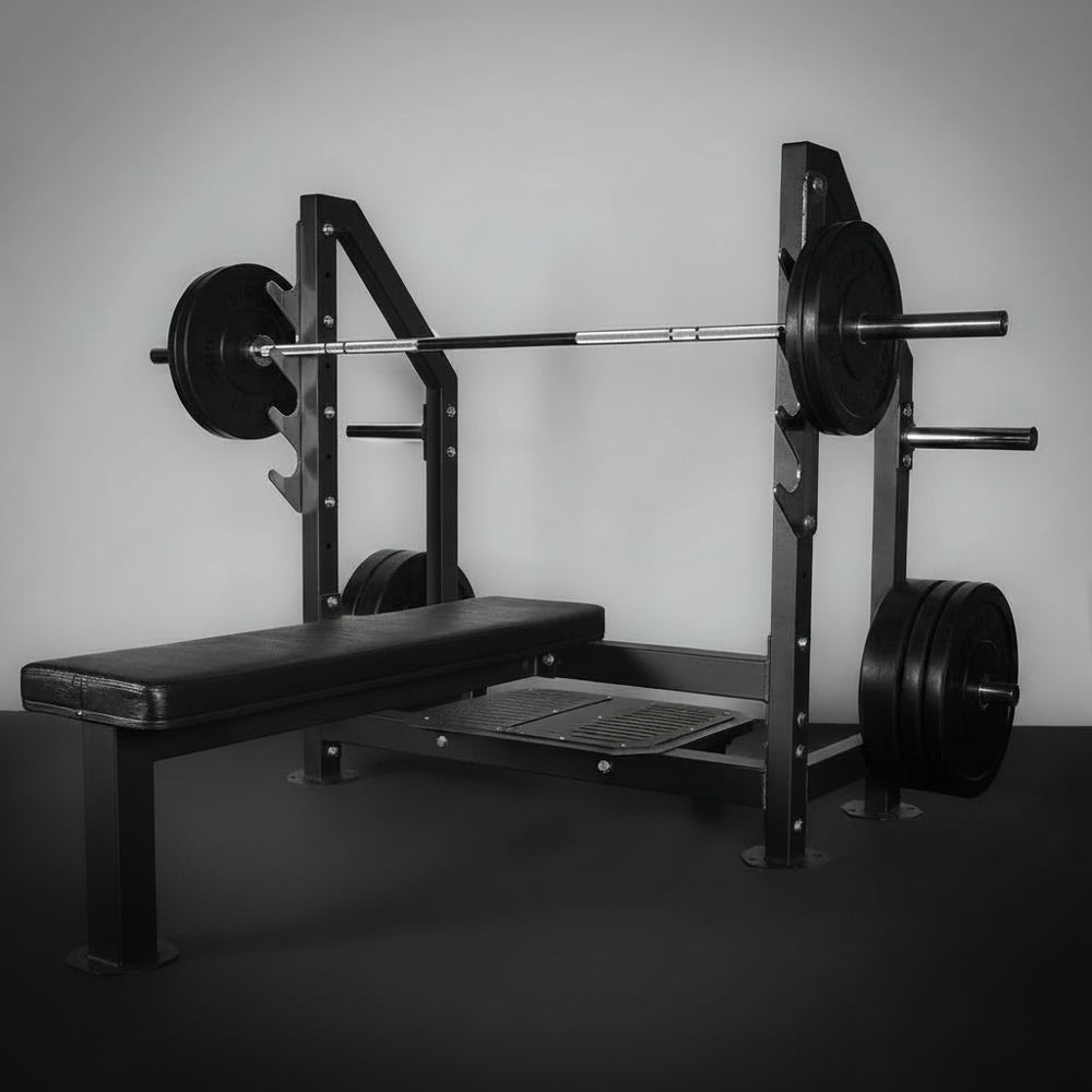 Weight bench with barbell and weights on a gray background