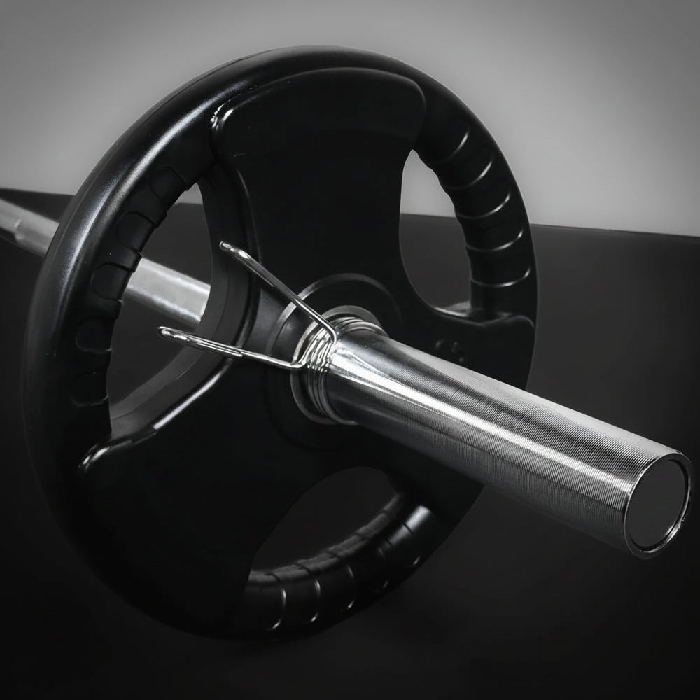 Barbell with weight plate on a silver and black background