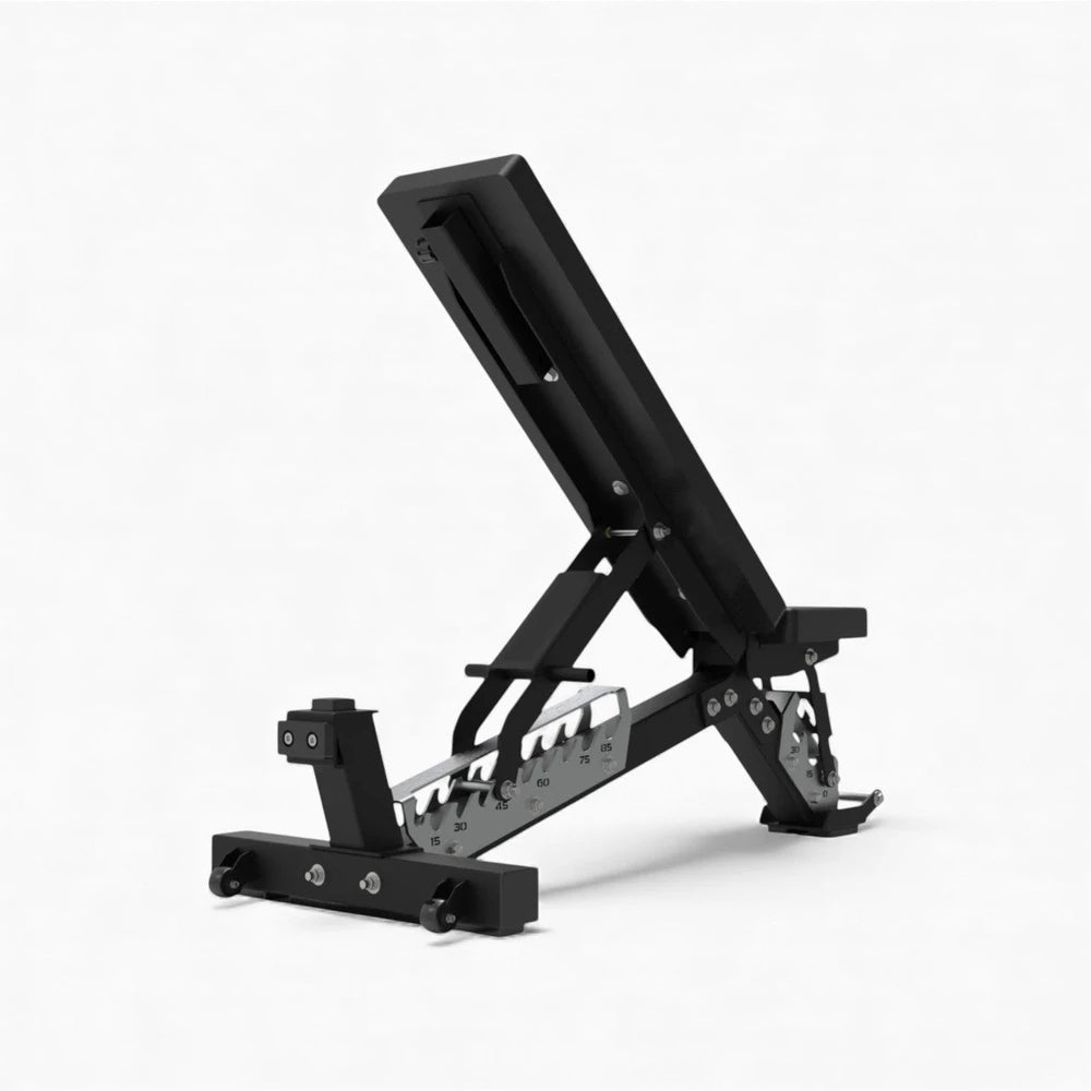 Black adjustable weight bench on a white background