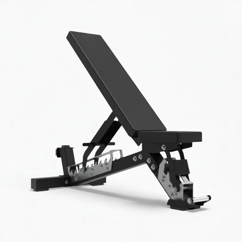 Black adjustable weight bench on a white background