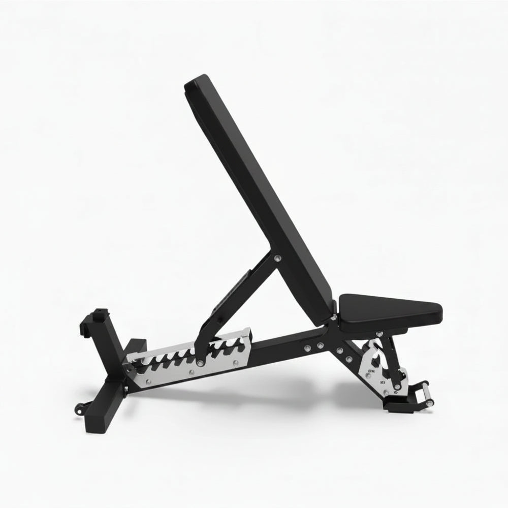 Black weight bench on a white background