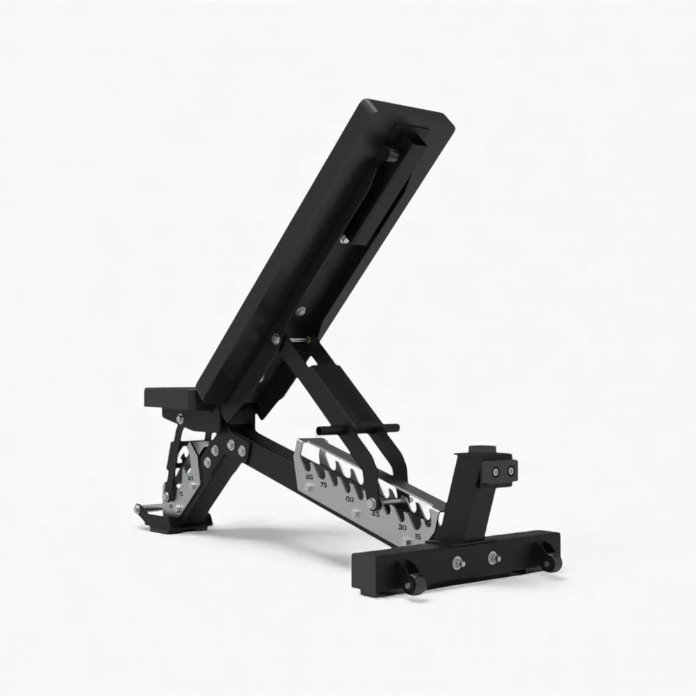 Black adjustable weight bench on a white background