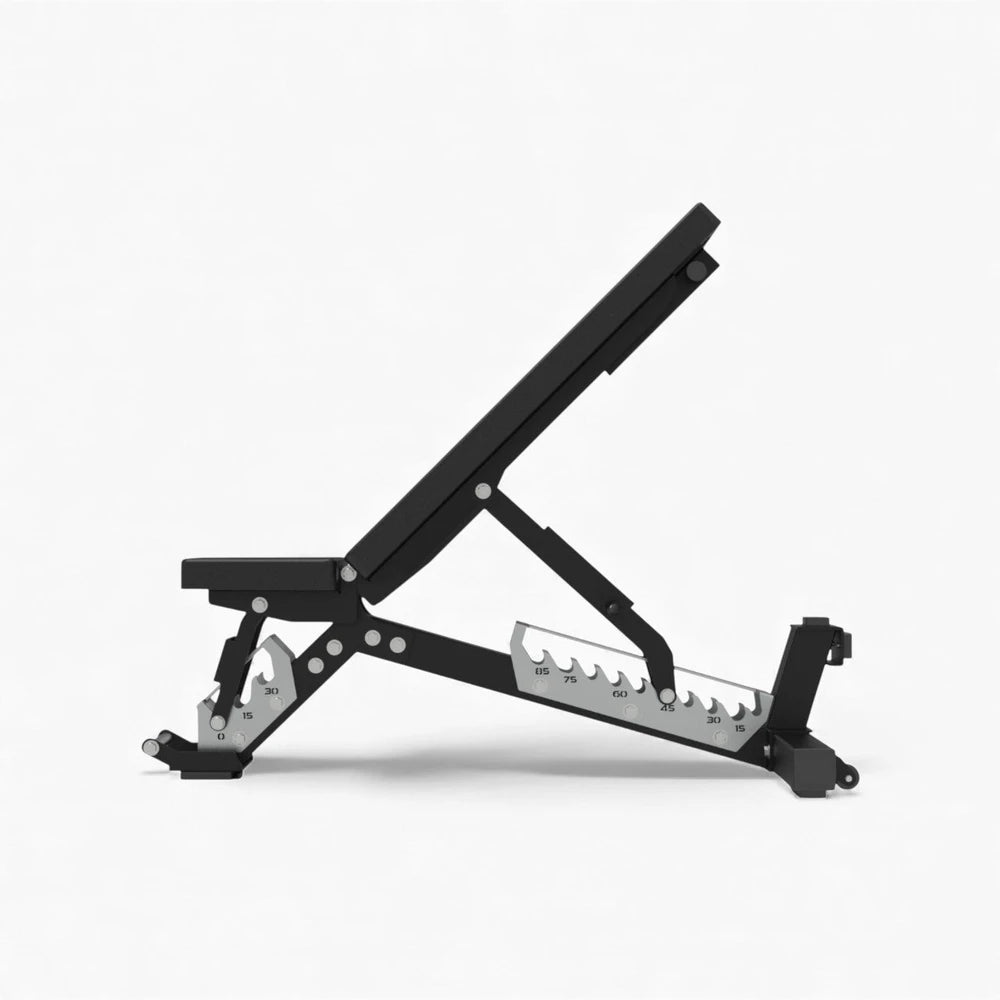 Black and silver adjustable weight bench on a white background