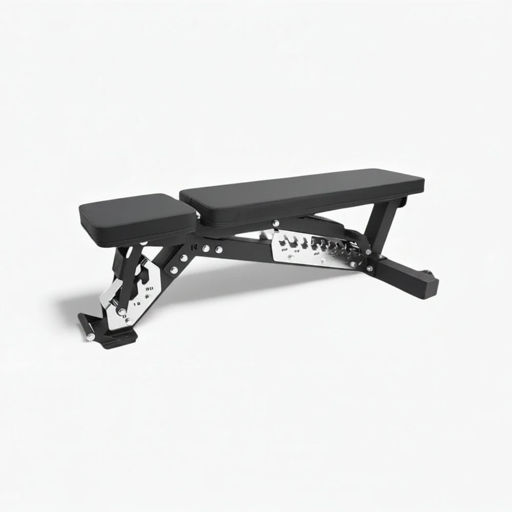 Black adjustable weight bench on a white background