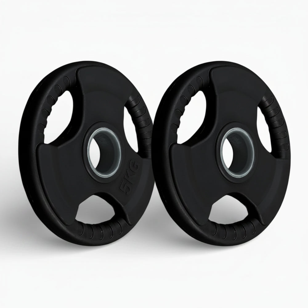 Two black weight plates with '5 KG' marking on a white background