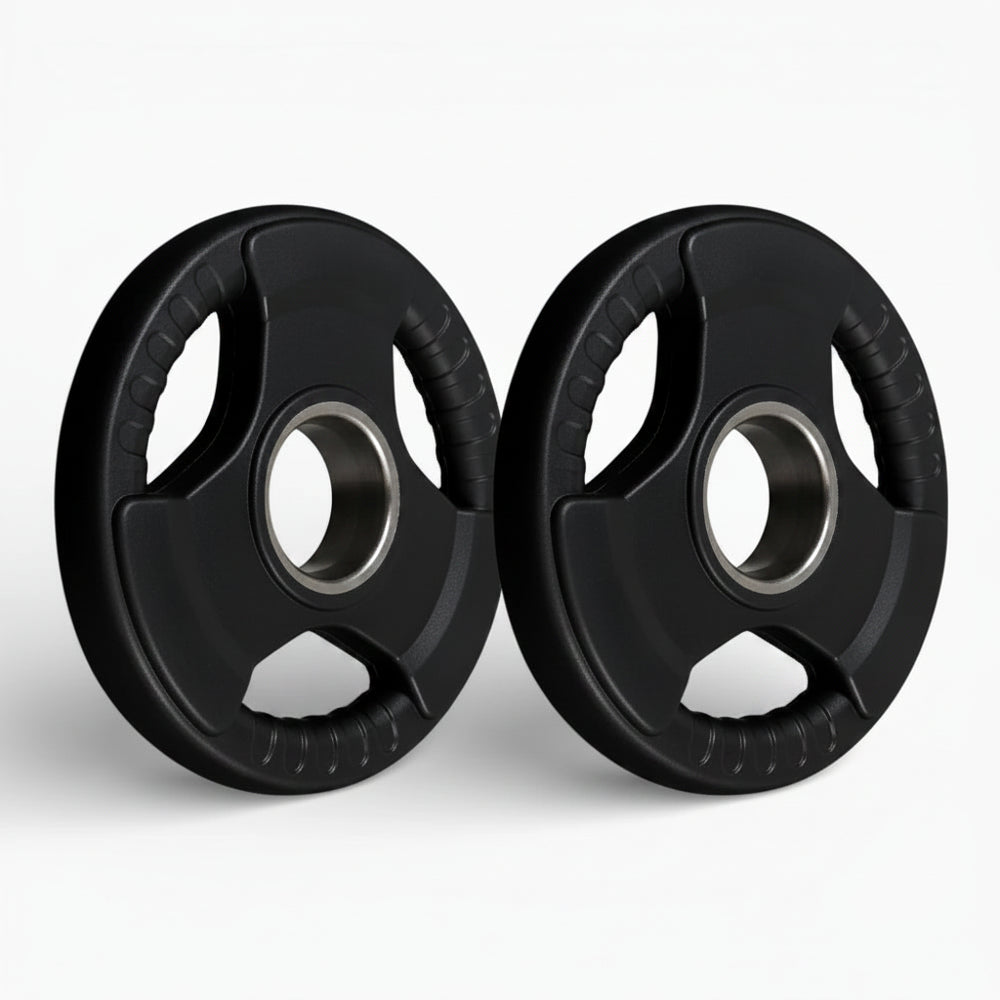 Two black weight plates on a white background