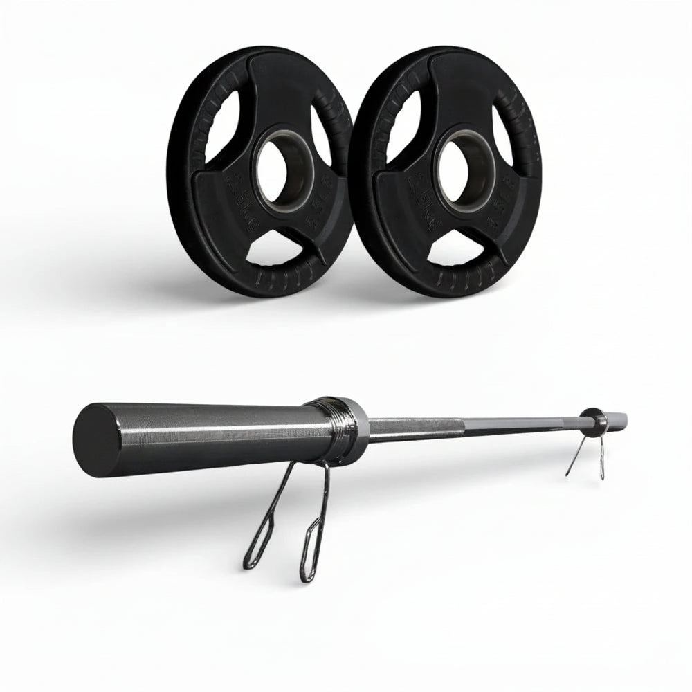 Barbell with two weight plates on a white background