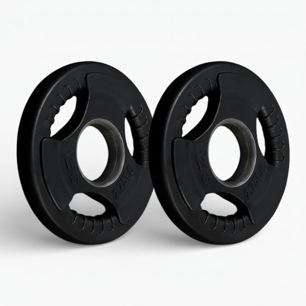 Two black weight plates on a white background