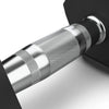 Close-up of a metallic dumbbell handle with textured grip on a white background