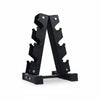 Black weight plate rack on a white background
