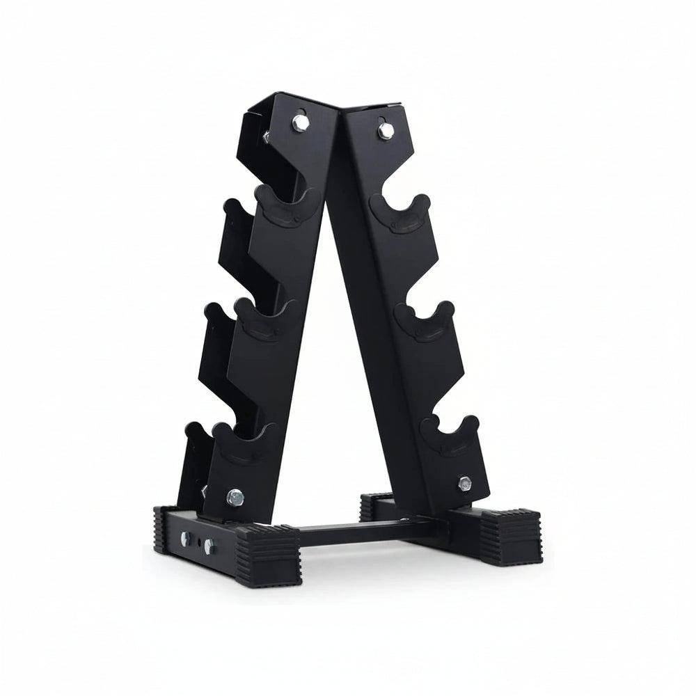 Black weight plate rack on a white background