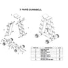 Technical diagram of a dumbbell rack assembly with parts labeled and quantities.