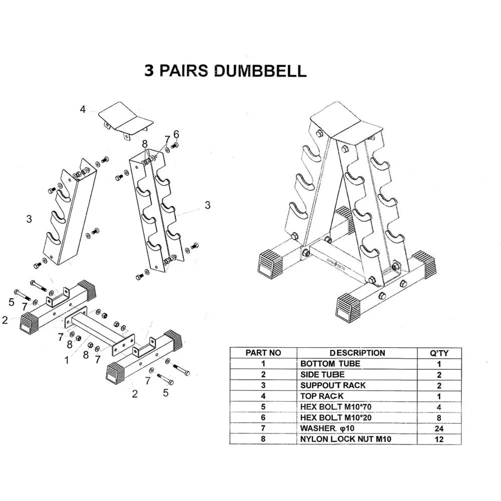 Technical diagram of a dumbbell rack assembly with parts labeled and quantities.
