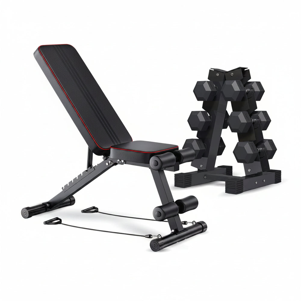 Black adjustable weight bench with dumbbells on a white background