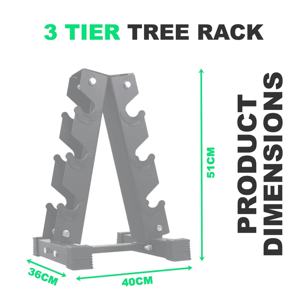 3-tier tree rack with dimensions on a white background