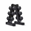 Black dumbbell set with holder on a white background