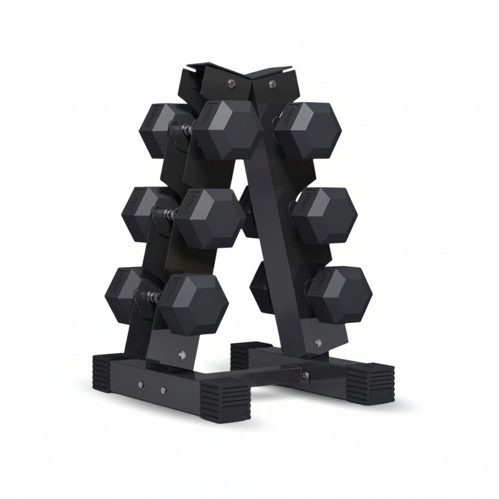 Black dumbbell set with holder on a white background