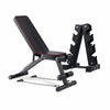 Black adjustable weight bench with weight stack on a white background