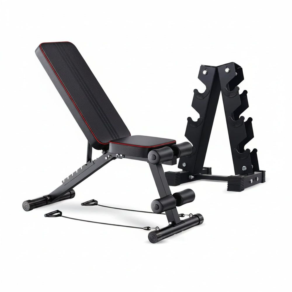 Black adjustable weight bench with weight stack on a white background