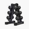 Black dumbbell set on a stand with weights arranged in a pyramid formation on a white background.