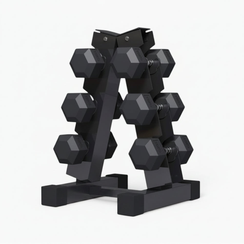 Black dumbbell set on a stand with weights arranged in a pyramid formation on a white background.