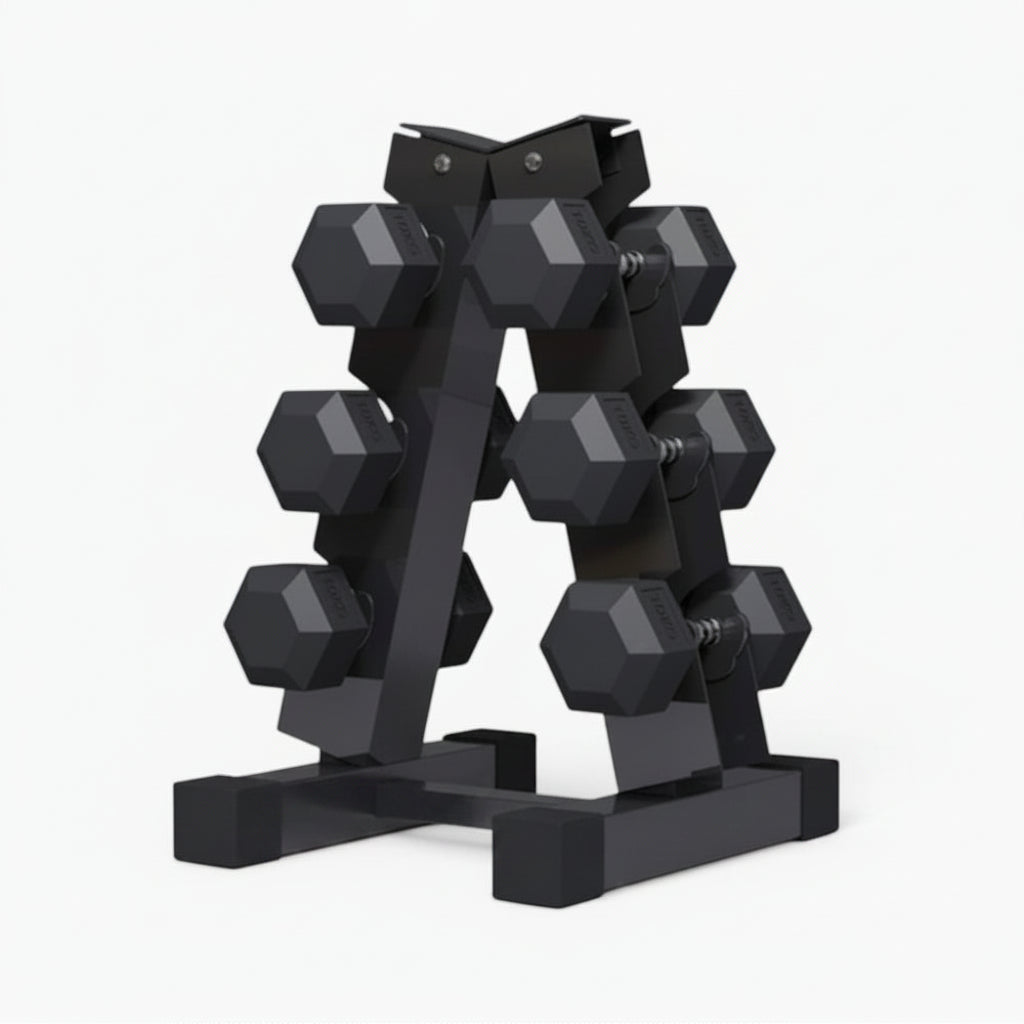 Black dumbbell set on a stand with weights arranged in a pyramid formation on a white background. Main image