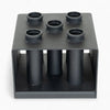 Black metal stand with multiple cylindrical holes on a white background